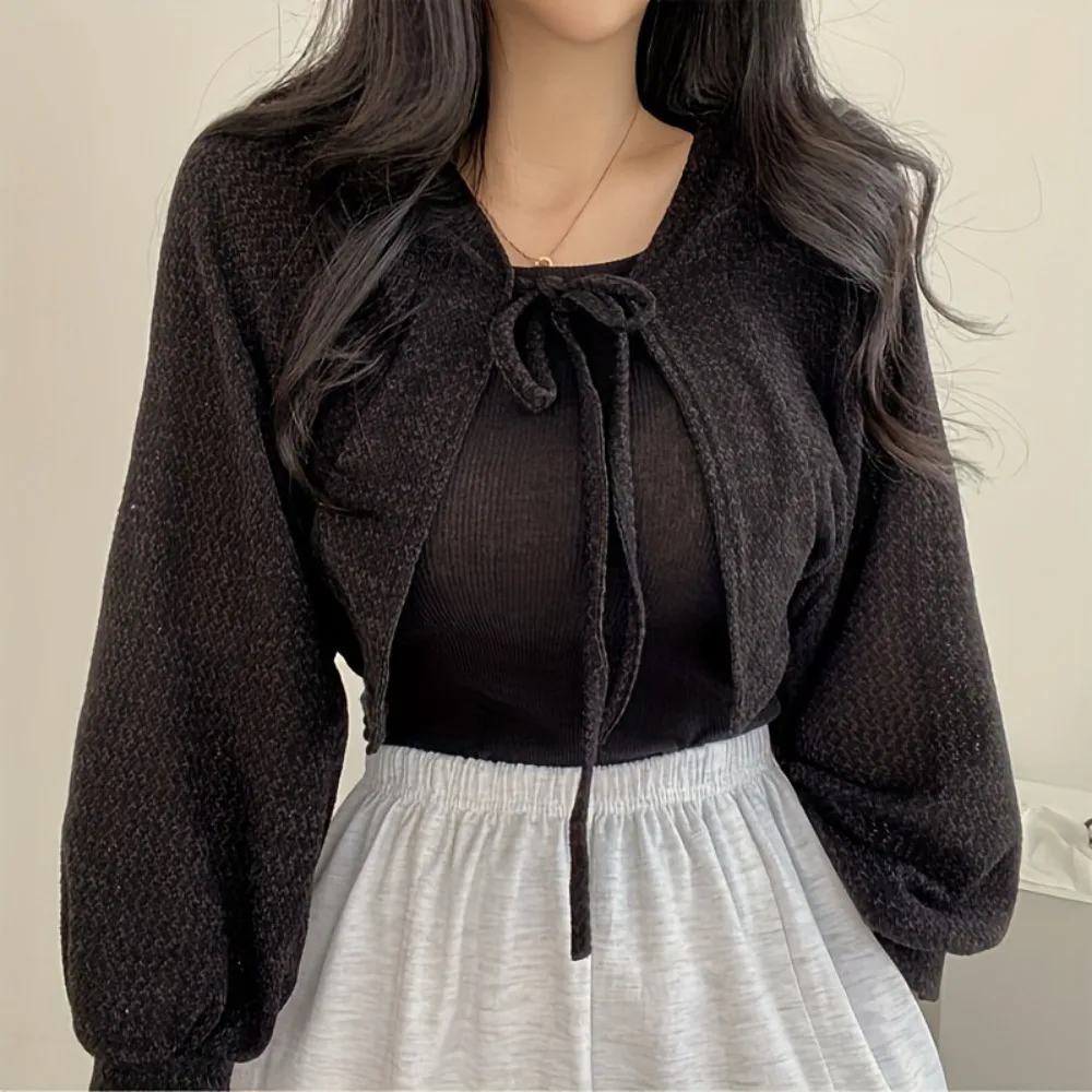 

Fashion Thin Fabric Knitted Cardigan Sunscreen Lace-Up Lace-Up Knitwear Casual Lantern Sleeve Women
