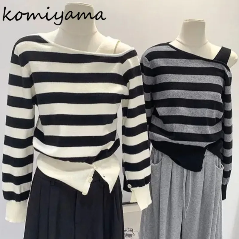 

2025 Autumn Striped Ropa De Muje Off-shoulder Long-sleeved Sweater Casual Loose Clothes Woman Side Split Pull Pulls Femmes