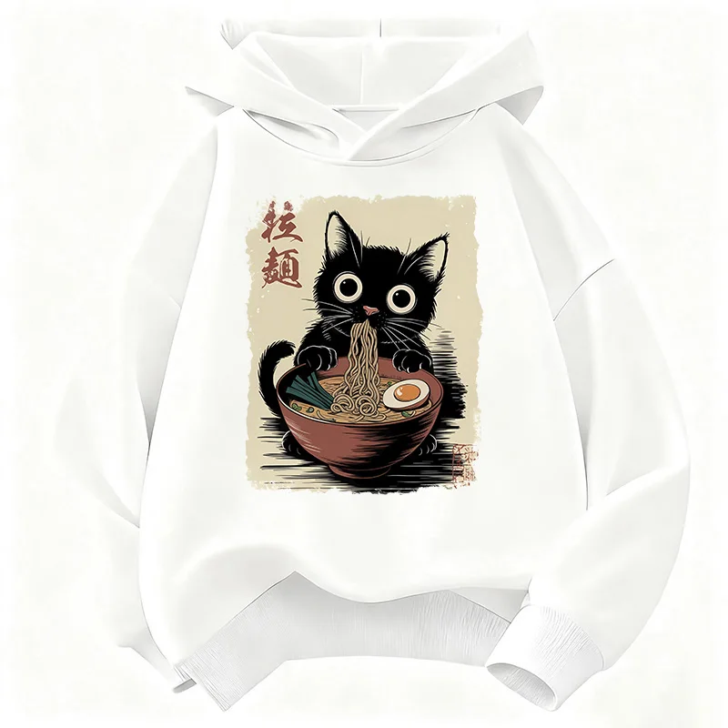 Retro Japanischer Ramen-Katzen-Hoodie Manga Kinder-Katzen-Sweatshirt Niedlicher Kapuzenpullover für Jungen Mädchen Herbst Winter Lässige Hoodies