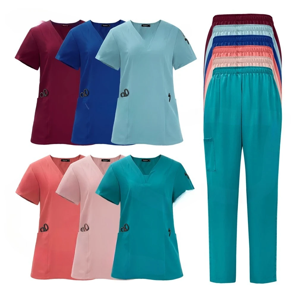 

Женские хирургические скрабы, высококачественные медицинские наборы скрабов для кормления, топ с короткими рукавами + брюки, униформа медсестры для салона красоты, стоматологической клиники