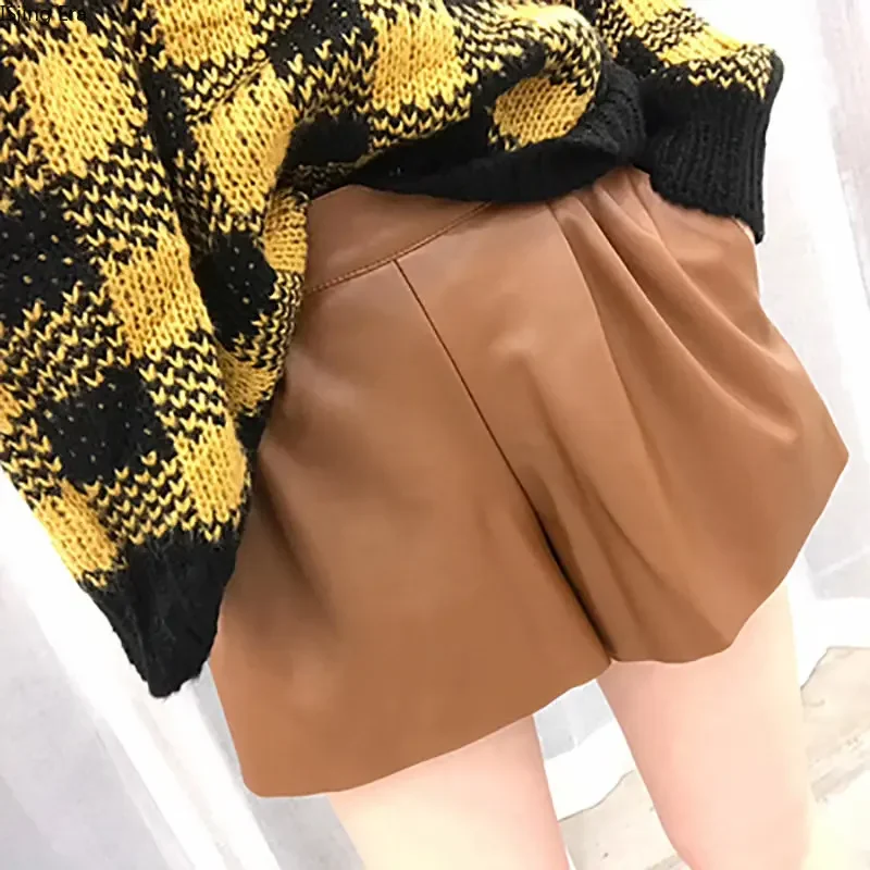 2023 Spring Leather Shorts Women Loose Casual Wide Leg Leather Shorts X6