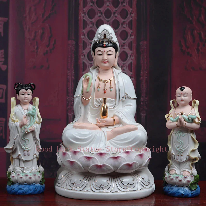 

A Set 3PCS Asia high grade GOOD Porcelain Guan yin bodhisattva TONG ZI Buddha Sculpture statue Home efficacious Talisman 40CM L