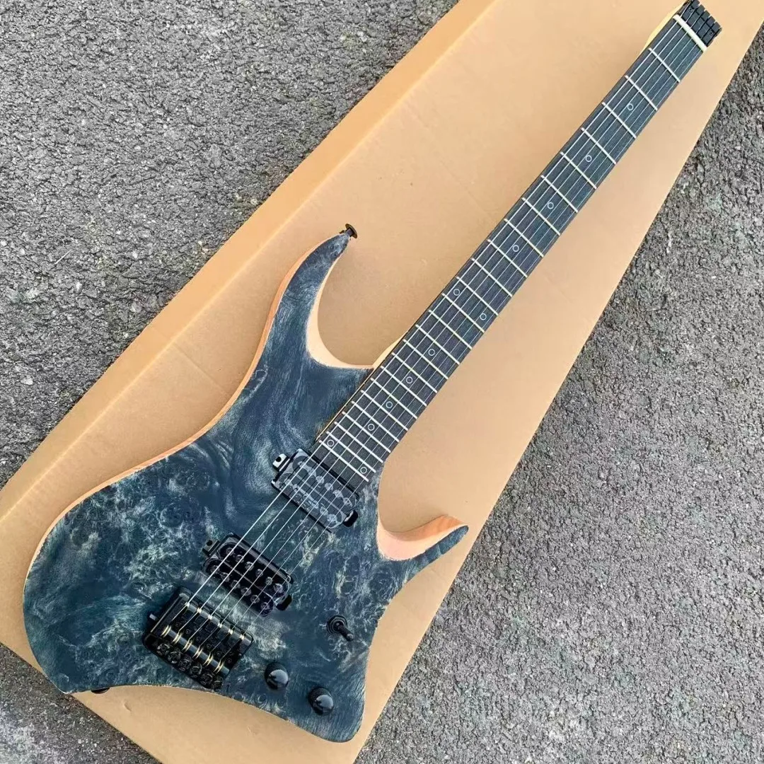 6 String Headless Electric Guitar, Dark Grey Burled Wood Top, Neck-Thru Multi-Layer Maple Neck, Dual High Output Humbuckers