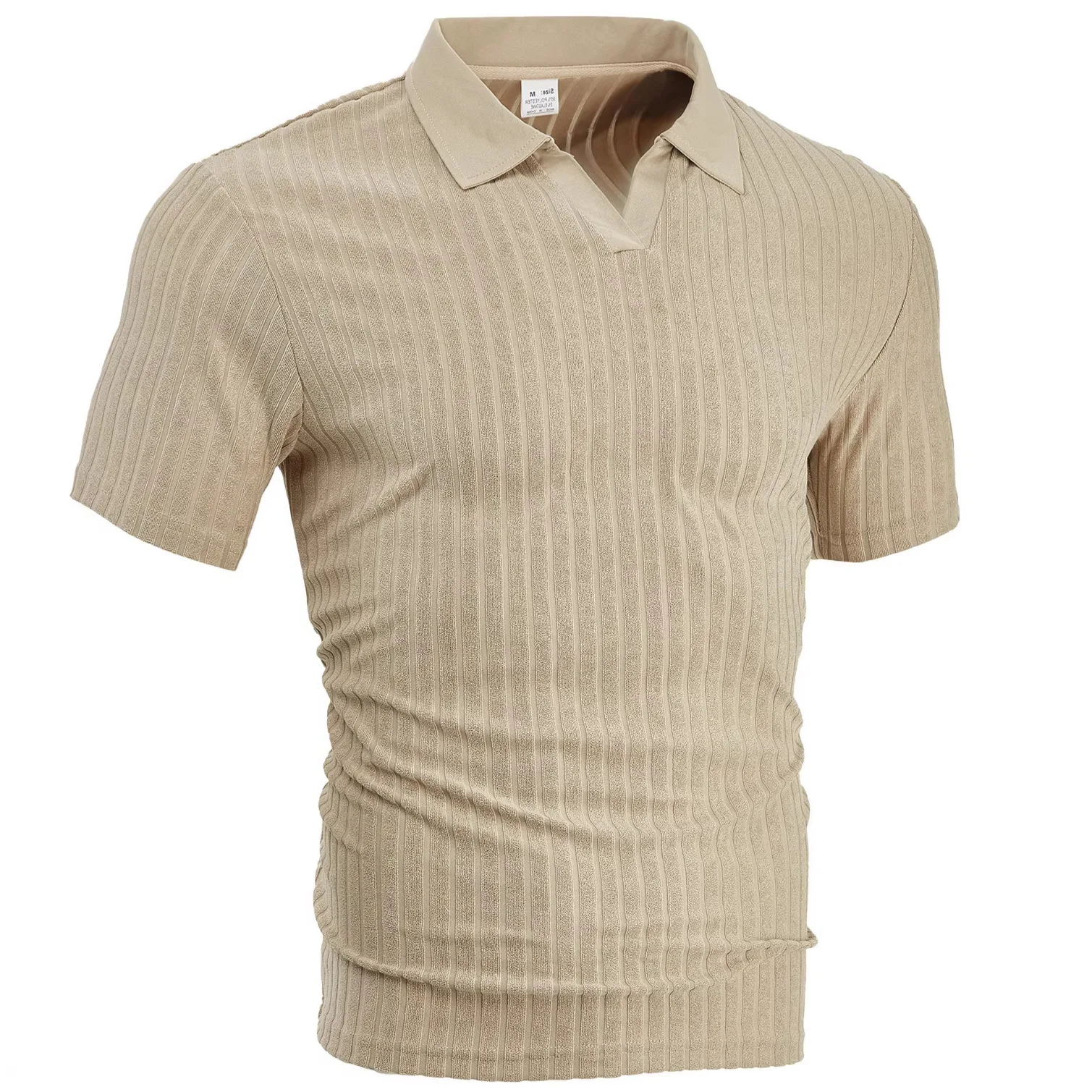 Men Vertical Ribbed Knit Polo Shirt V‑Open Collar Short Sleeve Solid Color Summer Casual Tops