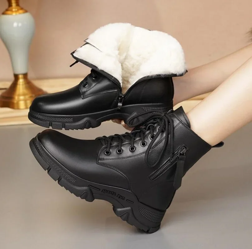 Women Winter Boots Genuine Leather 2024 New Flat Non Slip Women's Snow Boots Fashion Natural Wool Warm Women's Booties