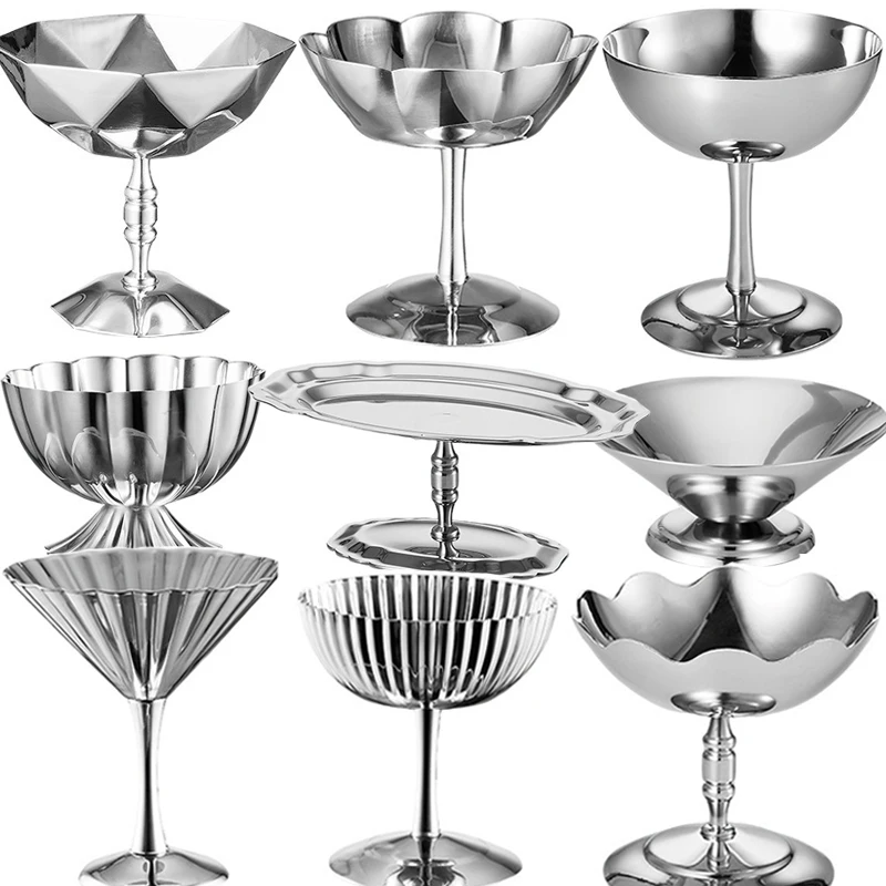 304 Stainless Steel Dessert Cup Ice Cream Cups Salad Goblet Retro High Base Bowl for Fruit Yogurt Snack Dish Bar Dinnerware