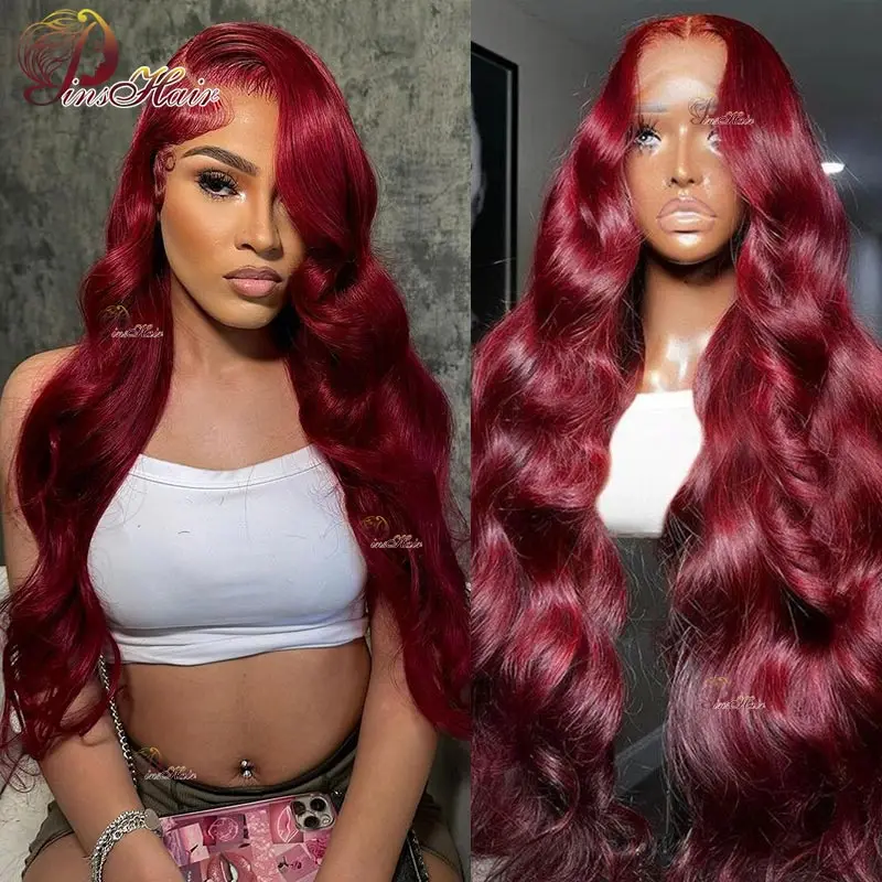 

99J Colored 13x4 Transparent Lace Front Human Hair Wigs PrePlucked Red Body Wave Lace Front Wig Remy Human Hair For Women 180%