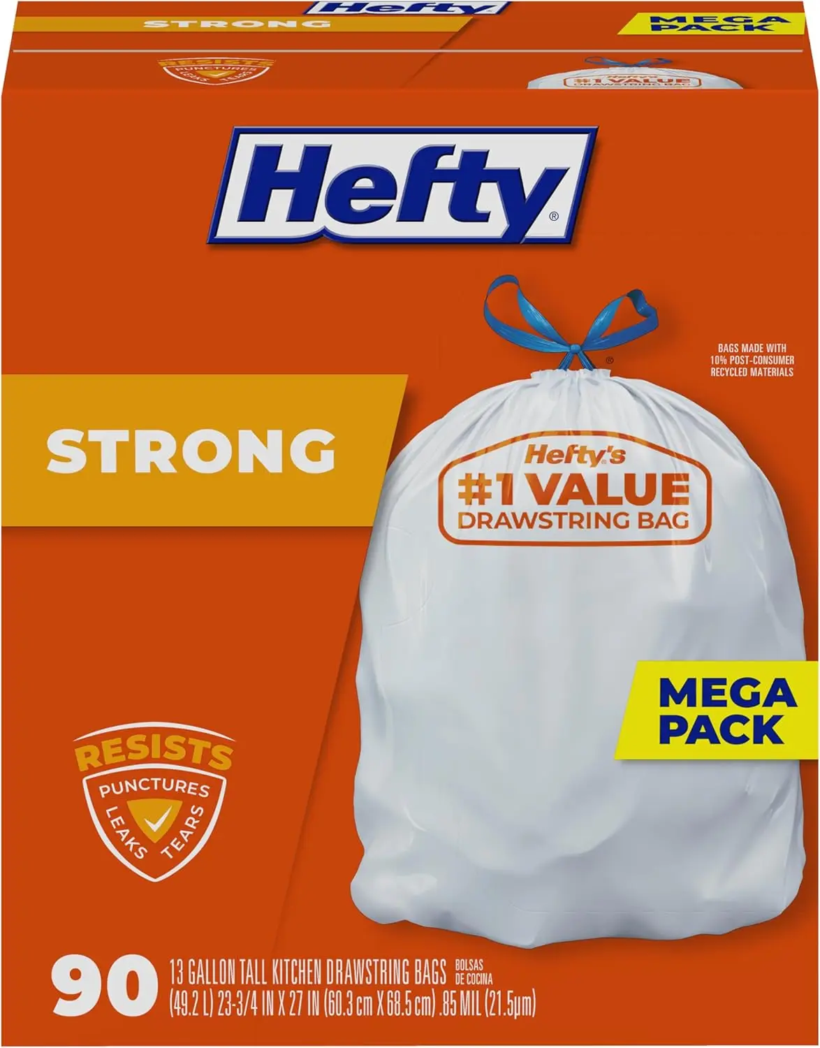 

Прочные мешки для мусора Hefty Strong, 13 галлонов, высокие, для кухни, с завязками, герметичные, белые, без запаха, 90 штук