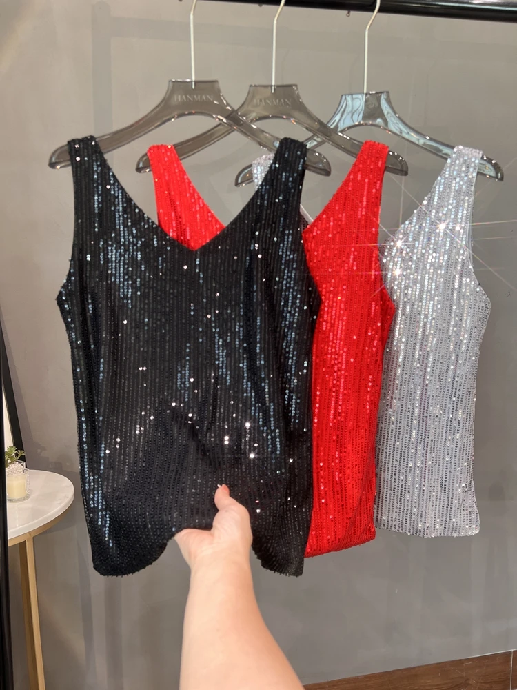2024 New European and American Sequined V-neck Vest Worn Inside A Suit Bottoming Shirt and Worn Outside A Sparkling Top