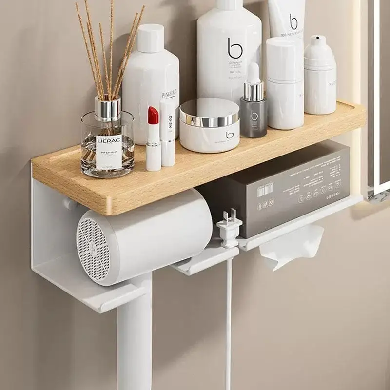 

Walnut Wood Bathroom Wall Mounted Hair Dryer Holder No Drilling Required Multi-Function Storage Rack for Household Use
