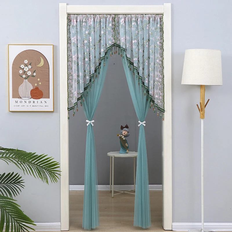 120x200cm Embroidered Nordic Beaded Sheer Curtain with Gold Thread and Half-Arched Lace Drill-free Door Curtain