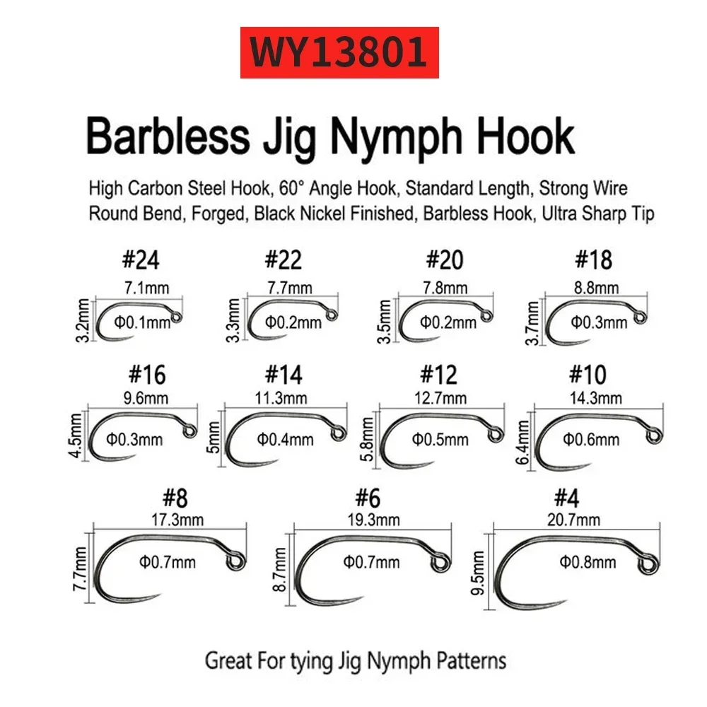 ICERIO 100 Barbed Fly Tying Hooks Barbless  60 Degree Jig Nymph Hook Streamer Wet Dry Flies Hooks Trout Fly Fishing Hook Tackle