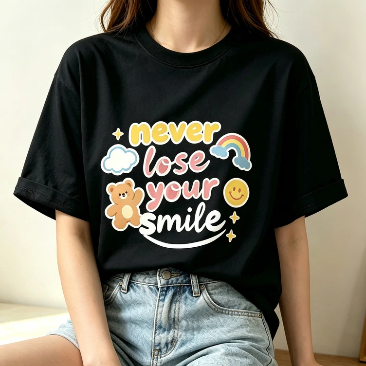 Cute Cartoon Bear Rainbow Graphic T Shirt for Women Never Lose Your Smile Positive Vibe Soft Cotton Summer Streetwear Tee Y2k