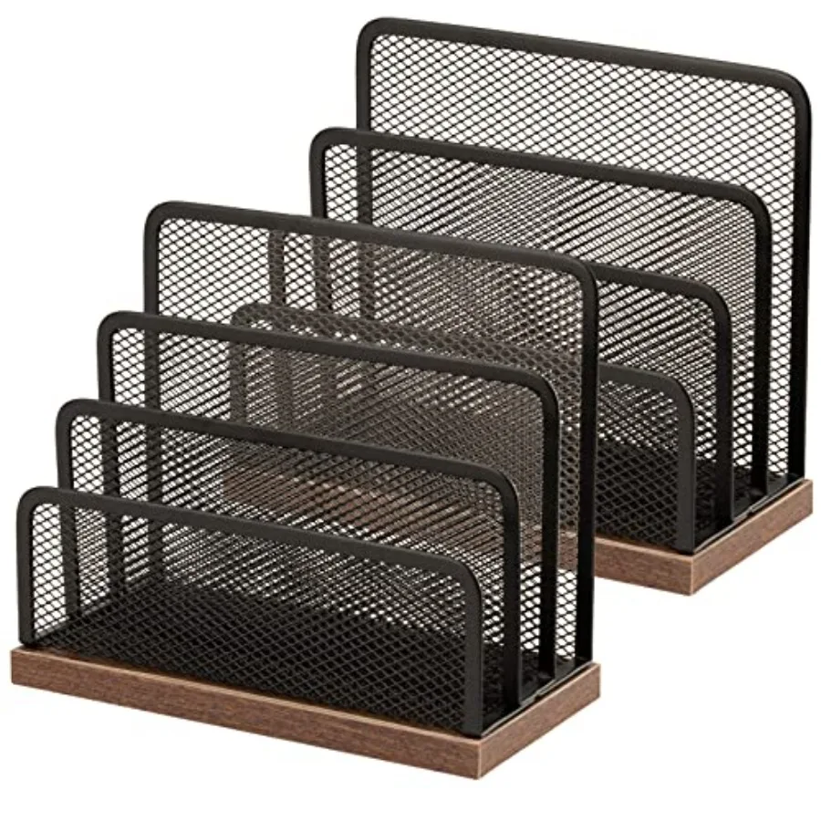 Wooden Desk Mail Organizer, Desktop File Organizer Metal Mesh with 3 Vertical Upright Compartments, Mail Sorter Letter Organize