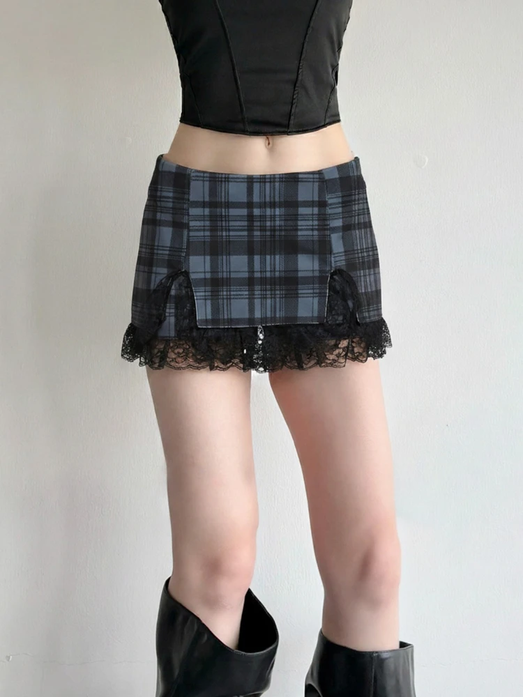 AltGoth Fairycore Grunge Hotsweet Mini jupe femmes esthétique gothique foncé Y2k e-girl Kawaii dentelle Patchwork taille basse jupe à carreaux