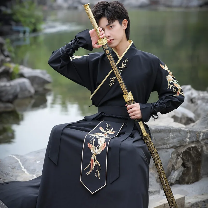 Warrior Hanfu For Men Chinese Traditional Ethnicstyle Phoenix Embroidery Japanese Samurai Party Cosplay Swordsman Costume