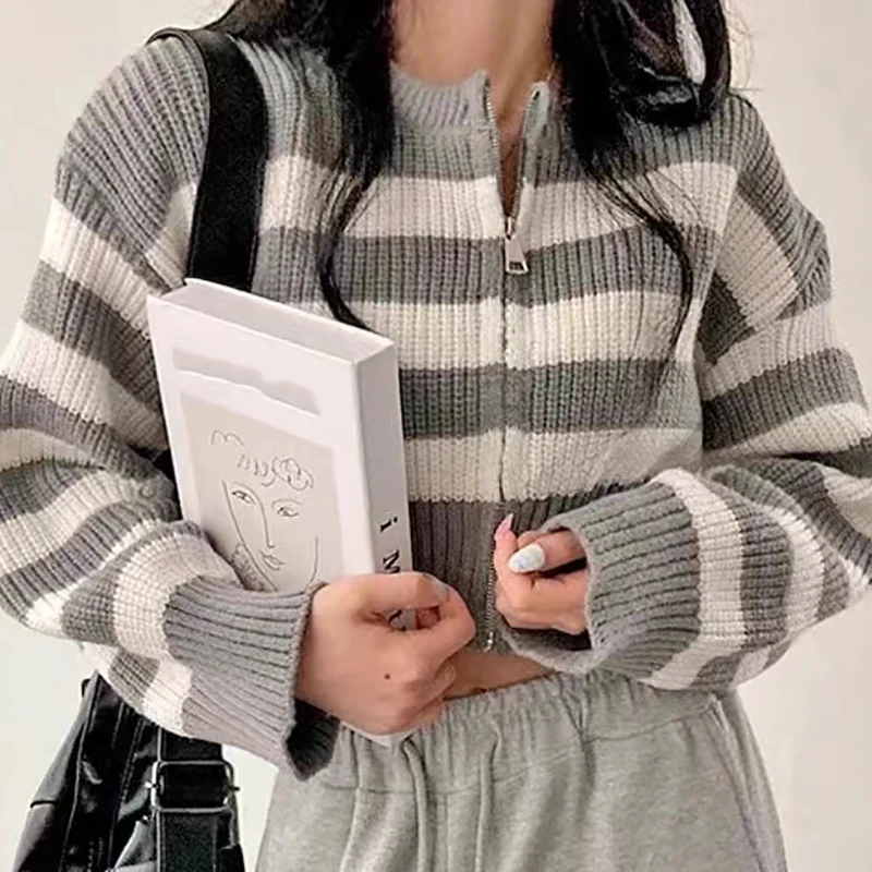 HELIAR Women Patchwork Striped Sweater Zipper Cardigan Sweater Knit O-Neck Casual Cropped Outerwear For Women 2024 Fall Winter