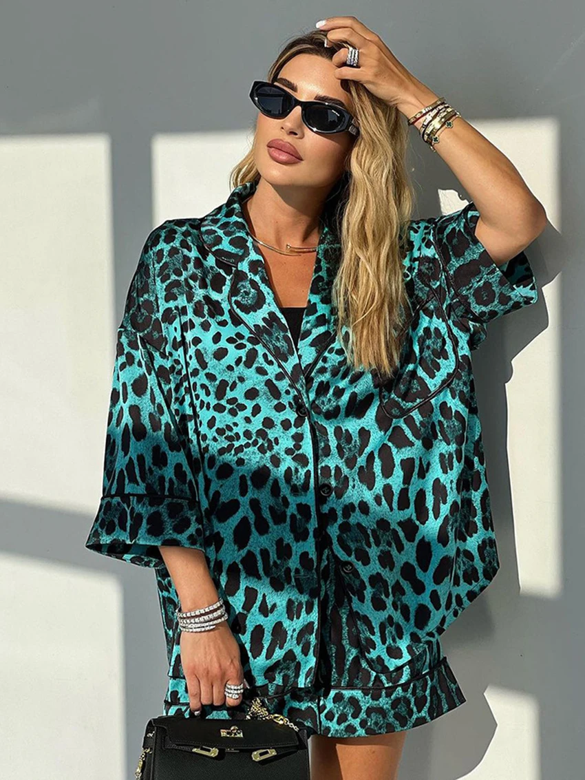 Marthaqiqi Leopard Print Women Pajama Suit Three Quarter Sleeve Sleepwear Turn-Down Collar Nightwear Shorts Femme Nightgowns Set