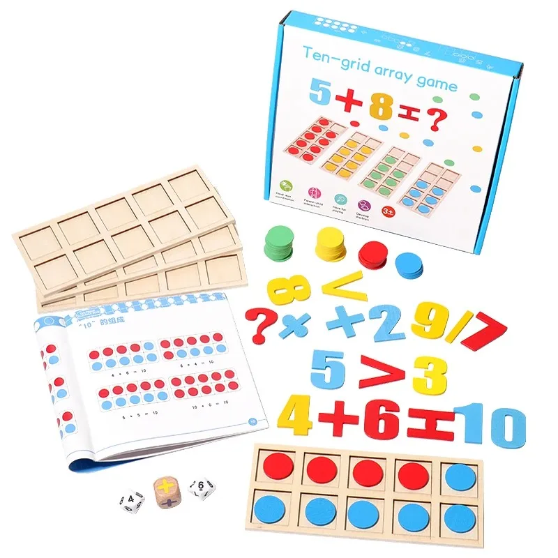 /Montessori Digital Card Ten-grid Array Game Math Toys Wooden Addition Subtraction Teaching Aids Kids Education Logical Thinking