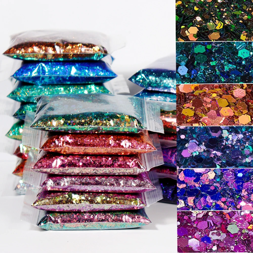 

50g/Bag Chameleon Color Shift Chunky Glitter Mixes Nail Art Sequins Mermaid Nail Art Glitter Laser Sequins Manicure Flakes Decor