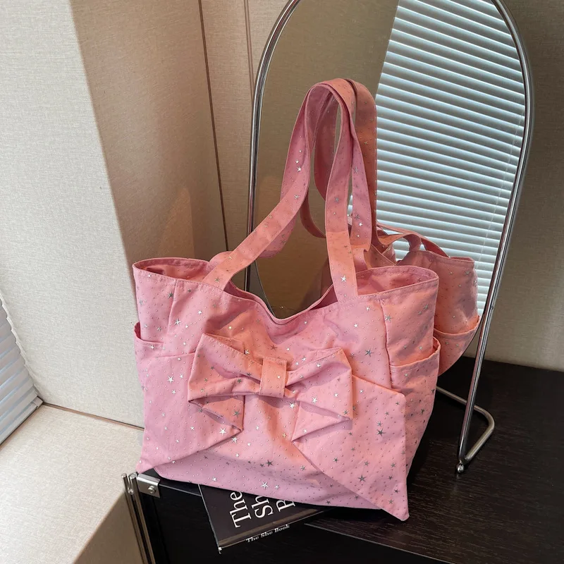 Bolso de mano con lazo y purpurina de diamante para mujer, bolso de mano informal de lona de gran capacidad, bolsos de un hombro, bolso de compras de arte creativo para las axilas