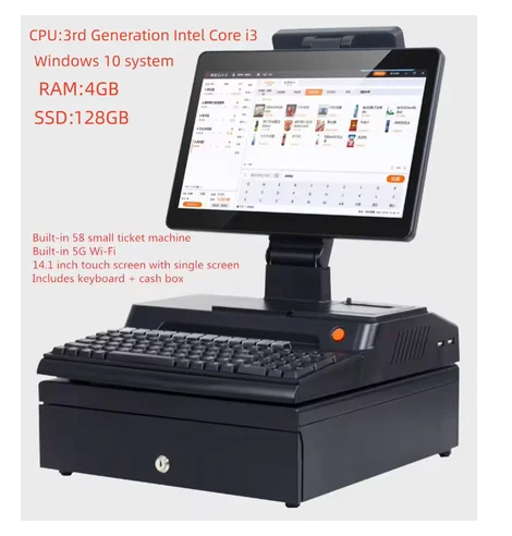 Brand new14.1 Inch Touch Screen, Cash Box, Keyboard, Built-in58mm printer POS Computer Factory POS System Cash Register Terminal