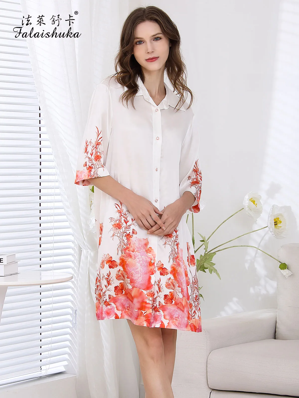 19 momme 100% Natural silk nightshirts summer dress women fashion placement print flower night dress women sleep sexy long S5911