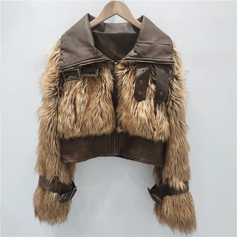 WTHT 신상 트렌디 여성용 플러시 스플라이스 PU 가죽 인조 모피 재킷 2025 겨울 라펠 긴 소매 벨트 디자인 코트 여성용 1LS2694