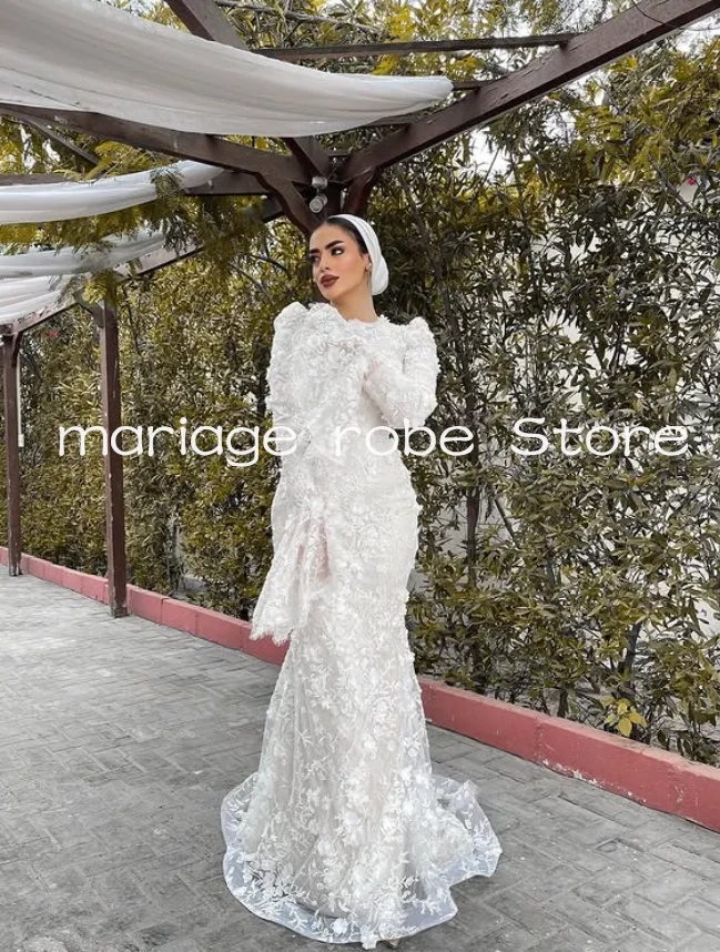 فساتين زفاف حورية البحر للحجاب الإسلامي برقبة عالية وأكمام طويلة مزينة بالزهور فستان زفاف للحديقة مخصص فيستدو دي نوفيا