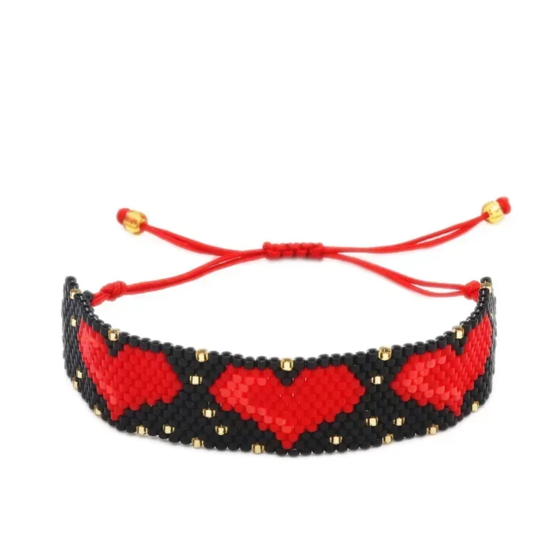 Bohemia Adjustable Red Heart Rice Bead Bracelet for Women Fashion Knitting Jewelry Intersperse Design Versatile Accessory