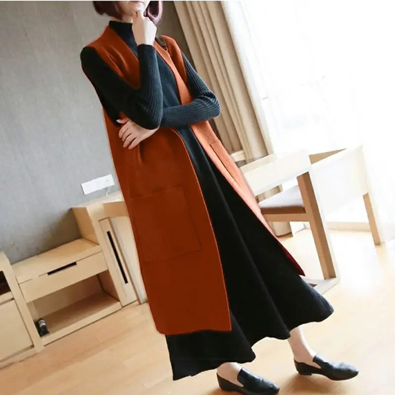 Long Slim Cardigan Woolen Cloth Vest Sleeveless Waistcoat