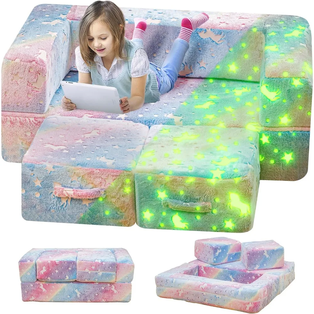 Modular Kids Play Couch, Glow in The Dark Kids Play Couch Toddler Couch,Kids Couch for palyroom, Convertible Baby Fold Out Play