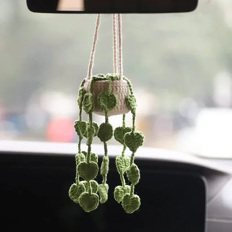 NEW Cute Potted Plants Crochet Car Basket,Hanging Plant Crochet for Car Decor,Car Ornament Rear View Mirror Hanging Accessories