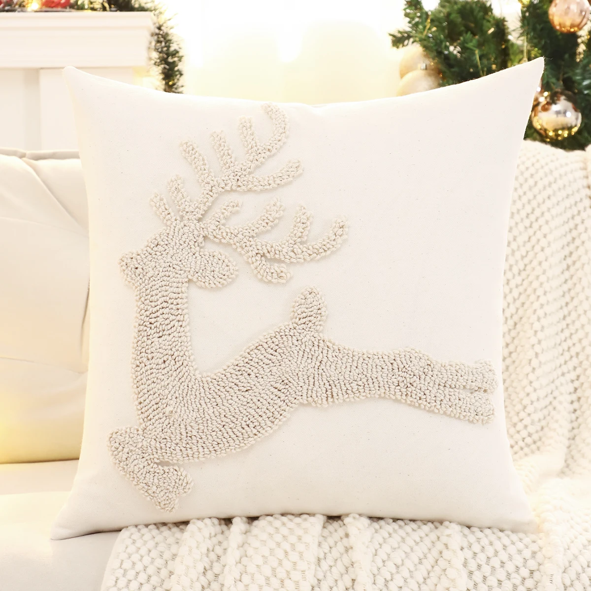 1 PC ตกแต่งคริสต์มาสโยนหมอนเย็บปักถักร้อยผ้าใบ Tufted Snowflake Reindeer