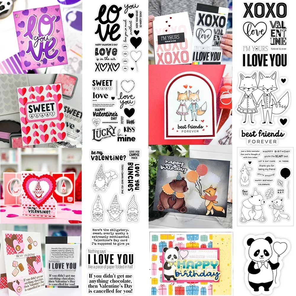 Valentinstags-Stempelset mit süßen Herzen, Zwergen, „Ich liebe dich XOXO“-Stempeln und Stanzformen, Füchse, Panda, Tierstempelset für DIY-Kartenherstellung