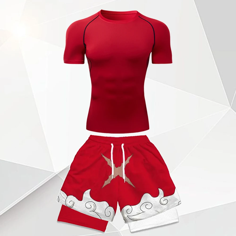 Men's 2Pcs Anime Gym Outfit White Compression Tee + Red Cloud Print Double Layer Shorts Set Quick Dry Fitness Sportswear Suit view 4