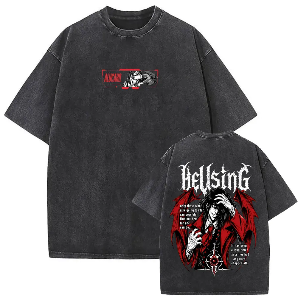 Washed Vintage Anime Hellsing Vampire Alucard Graphic T-shirt Men's 90s Manga Oversized T Shirts Male Cotton Quality T-shirts