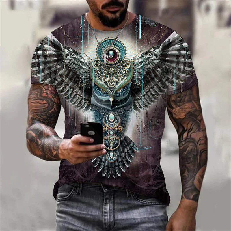 3D Printed Cool Owl T-Shirt For Men Funny Animal Pattern Tees Summer Oversized Round Neck Tops Short Sleeve T Shirts Streetwear