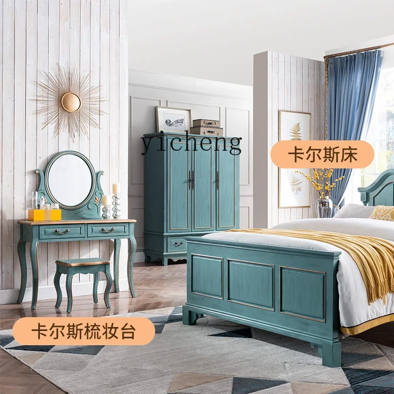 ZZk Bedroom Retro Distressed Storage Cabinet Three-Door Three-Bucket Wardrobe Mediterranean Style Wardrobe