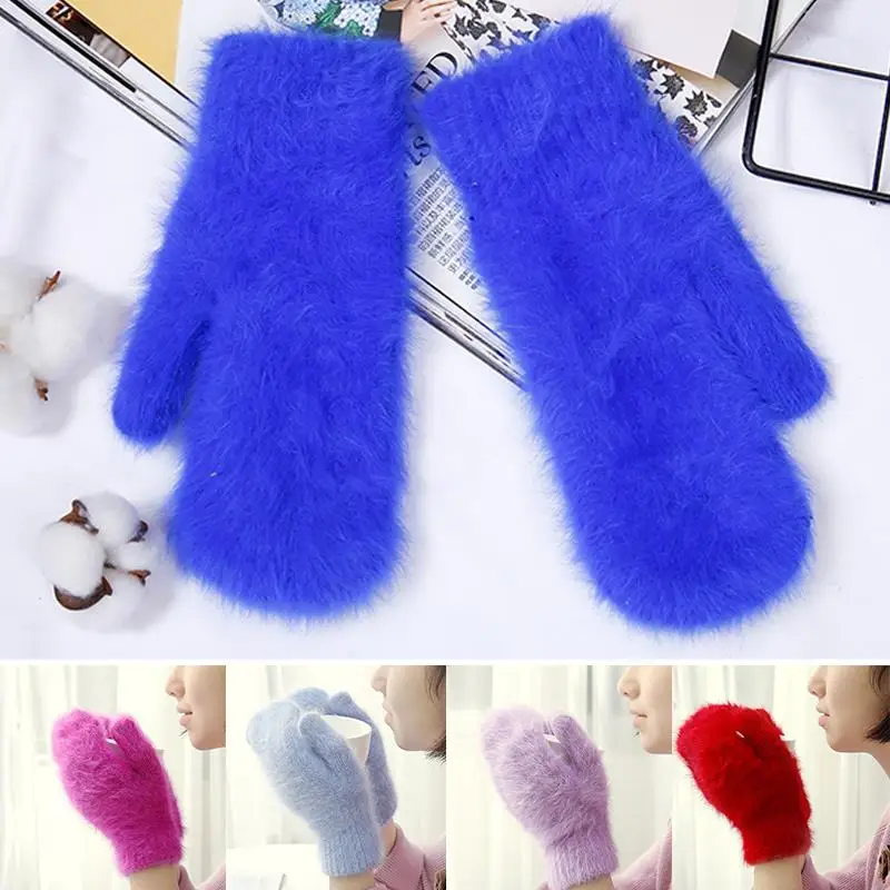 1 Pairs Rabbit Fur Gloves Outdoor Warm Thicken Wool Gloves Solid Color Soft  Elastic Plush All Finger Mittens  Handmade Faux Fur