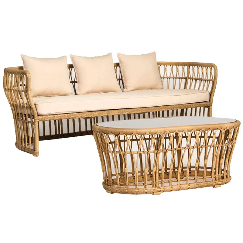 

Nordic outdoor rattan sofa courtyard terrace rattan chair outdoor balcony courtyard waterproof and sunscreen combination bed and