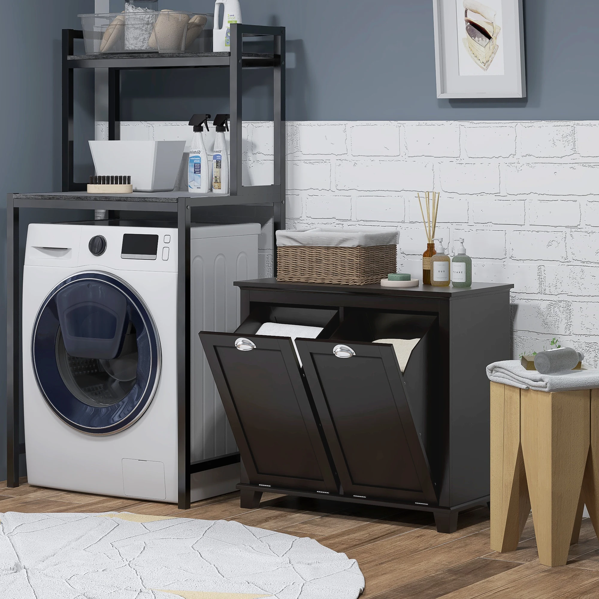 Dual Tilt out Laundry Hamper Cabinet, Bathroom Storage Cabinet with 2-Compartment Hamper, Modern Bathroom Floor Cabinet for Washroom, Black
