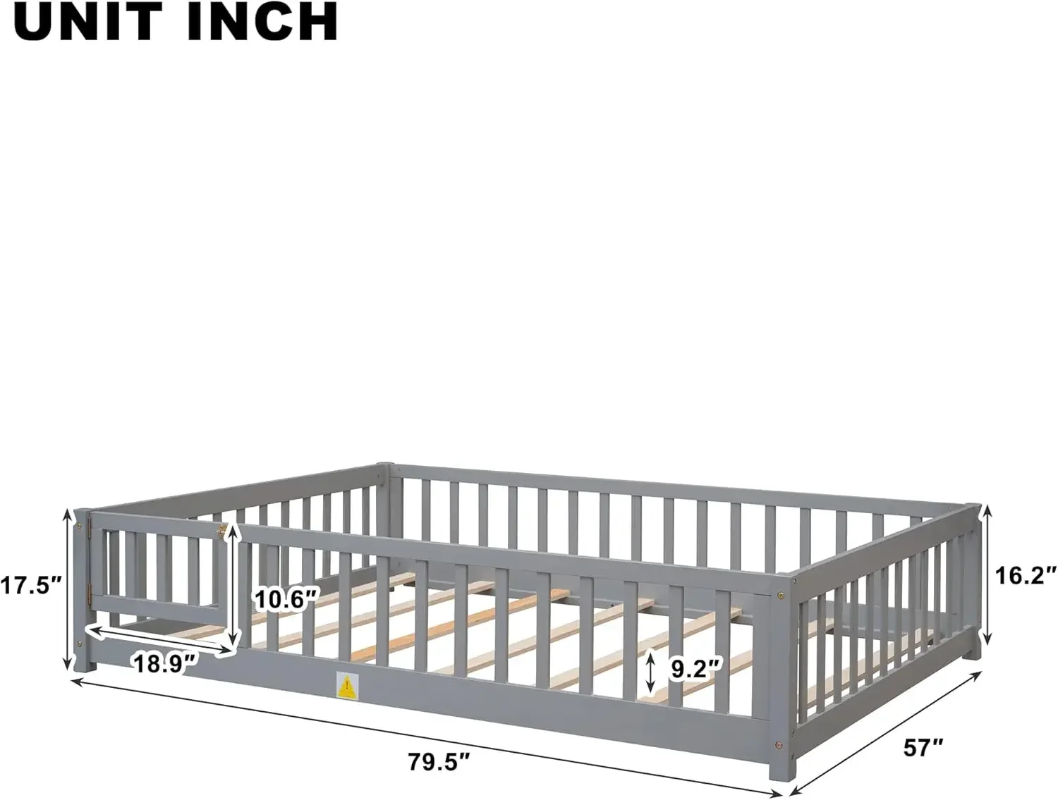 Bed with Safety Guardrails and Convertible Door, Full Size Solid Pine Wood Floor Bed Frame with Slats, Full Length Fence for Gir