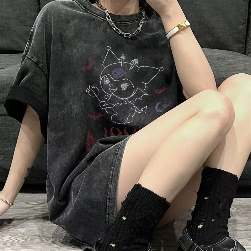 

Sanrio Kuromi Gothic Harajuku Ullzang T Shirt Women Kawaii Anime Graphic T-shirt Cute Cartoon Y2K Summer Contton Tshirt Girls