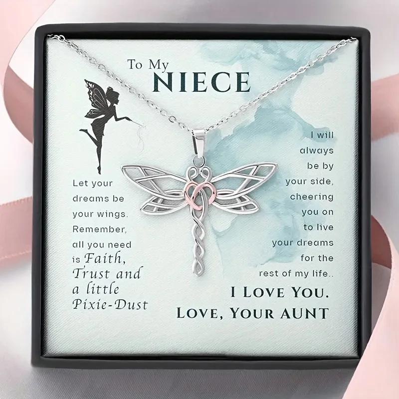 Gift for Niece Dragonfly Pendant Necklace Decoration for Niece Birthday, Party, Necklace with Message Card and Gift Box