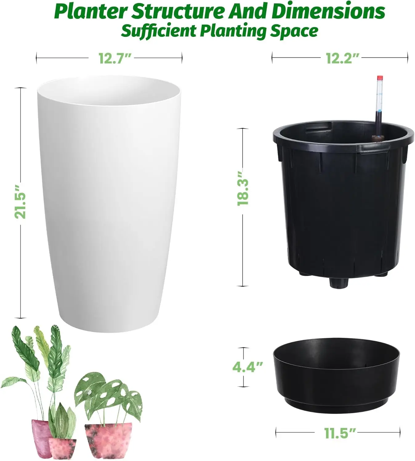 Indoor & Outdoor Use, Self - Watering Pots, White, with Built - In Drainage and Water Level Monitor