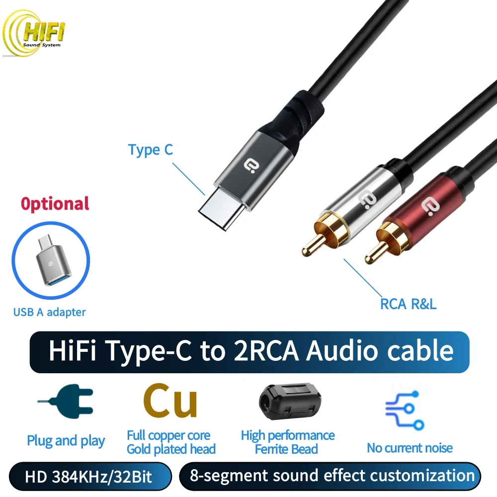 HiFi Type C naar 2 RCA audiokabel Max 384K 32Bit voor iPhone 15 Samsung Huawei Xiaomi audioconverter adapter naar speaker/versterker