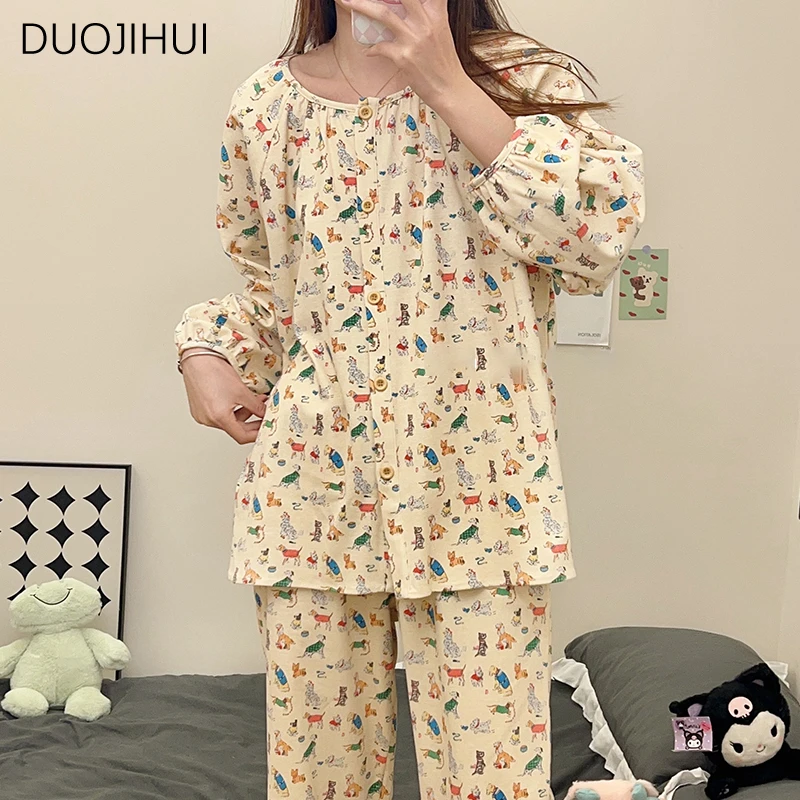 DUOJIHUI-Conjuntos de pijama de duas peças para mulheres, cardigã com o pescoço, Calça simples, moda casual, doce cor de contraste, vintage