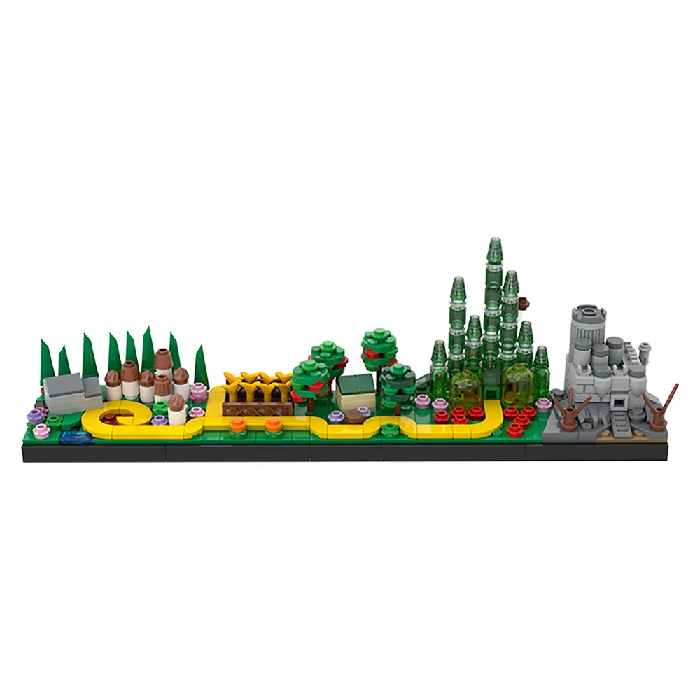 Wizard of Oz Skyline MOC-bouwstenen, Emerald City-architectuur met gele baksteenweg, desktop-diorama voor volwassenen