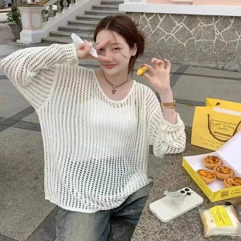 PTKPCC Female Personality Loose Casual Solid Pullovers Women Breathable Hollow Out Lazy Style Japanese Version Sweater Summer